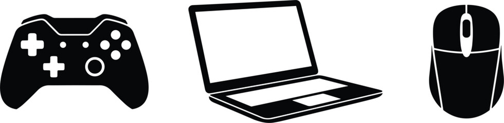 Gaming and Tech Hardware Vector Icons – Gamepad, Laptop, and Mouse © Mayna