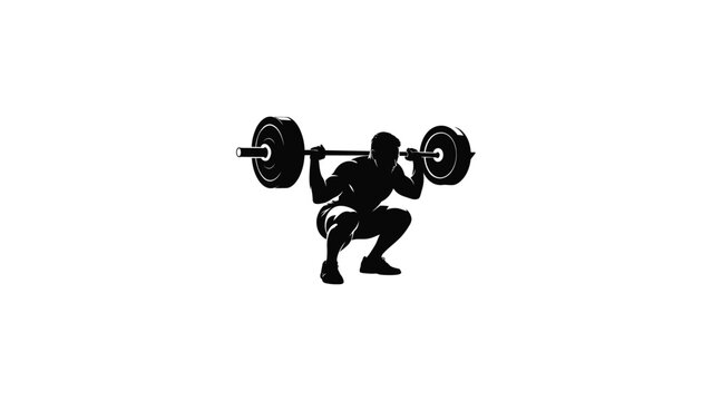 Black silhouette of athlete performing deep barbell squat with weight plates on plain white background, minimalist vector illustration symbolizing strength training, fitness, and athletic performance