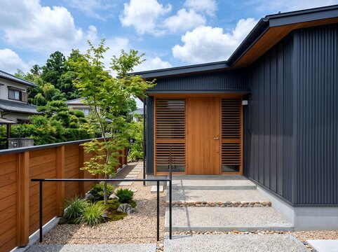 モダンな日本家屋の玄関アプローチと和モダンな庭風景