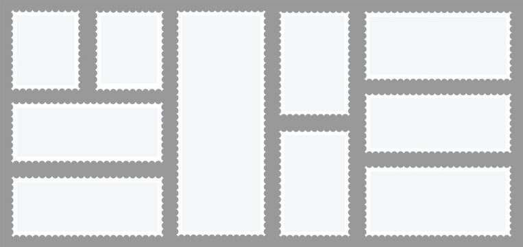 Postage stamps collection. Set of blank rectangle and square Postage stamp frames. Blank postage stamp borders template collection. Mockup postage stamps.