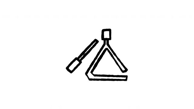 Hand drawn 4K triangle percussion doodle animation with boiling line motion. Frame by frame outline on black and green screen backgrounds, perfect for orchestral chime, metal ring, and sound.