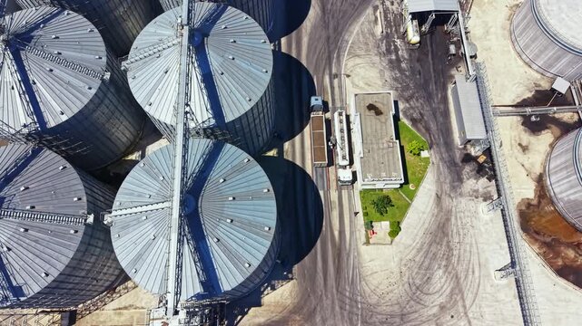 Trucks are parked near large metal grain silos at a storage facility. The sun is high in the sky, creating clear shadows on the ground.
