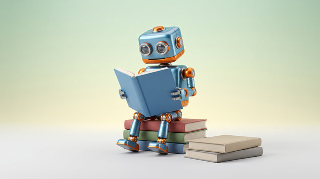Smart school learning system robot book Robot reading book stack education smart school learning system. Digital education innovation future. academic student study classroom, cognition training