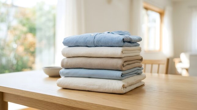 A neat stack of folded clean laundry on a wooden table in a bright and airy home interior