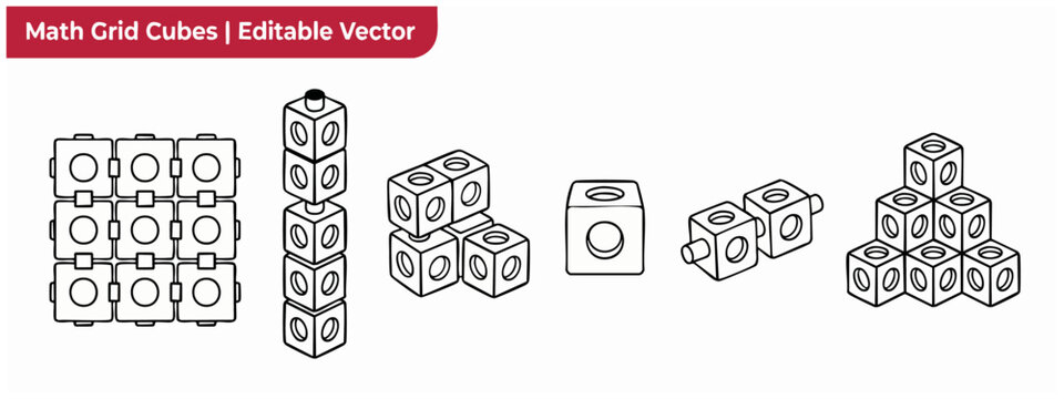 Math grid cubes connecting vector interlocking counting blocks for STEM education learning line art icon set arranged in stack grid tower and pyramid forms for elementary school geometry lesson