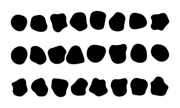 Abstract smooth stone shapes isolated on white background, different irregular liquid organic black blobs as design elements or decorative motifs on blank canvas.