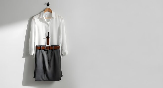 Business Attire: White Shirt, Grey Trousers, Leather Belt and Suspenders on Hanger