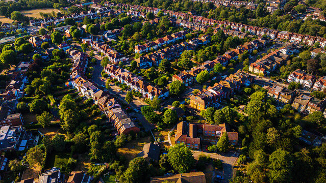 Aerial view of residential streets in North London neighborhood