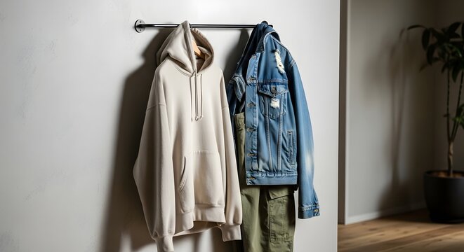 Cozy Cream Hoodie and Denim Jacket Hanging on Wall Rack with Green Pants