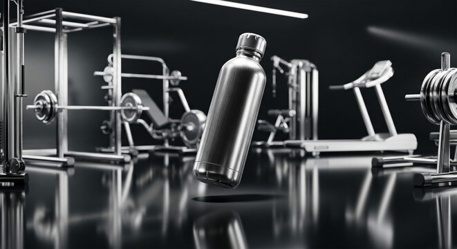 Premium Stainless Steel Water Bottle Mockup in Gym Setting