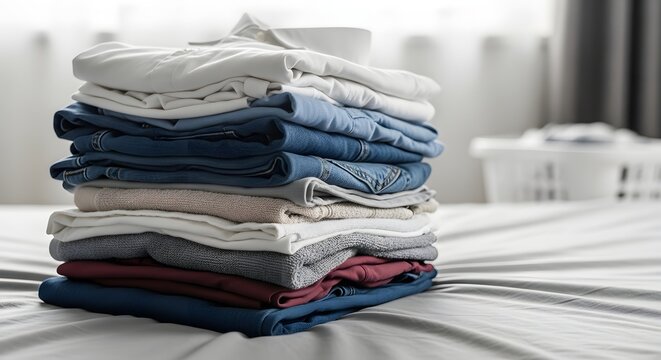 Neatly Folded Stack of Clothes: Casual Wear, Jeans, Shirts, Sweaters on Bed