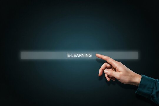 Hand reaching out to touch an e-learning button on a dark digital screen for online education.