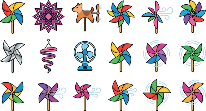 Colorful Pinwheel and Wind Spinner Vector Icon Set Featuring Whimsical Toy Paper Fans, Desk Fan, Wind Chimes, and Kinetic Garden Decorative Ornaments