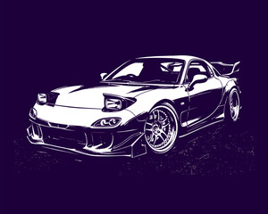 Fototapeta premium Japanese sports car vector illustration. Modified street racer with wide body kit. Automotive drift culture graphic art. Tuner car stencil design