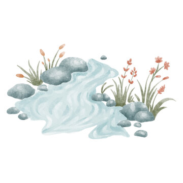 Vintage watercolor illustration of a cute forest stream with grey stones and grass. Hand-painted woodland river composition for nursery decor, story and nature projects.