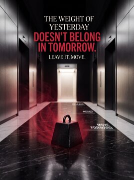 Black dumbbell weight in hallway with motivational text release reset move forward with weight corridor floor
