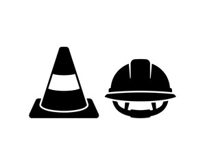 Fototapeta premium Black silhouettes of a traffic cone and a hard hat, representing safety and construction work.