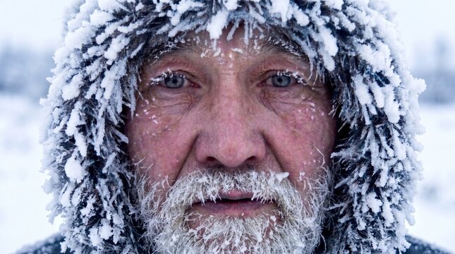 Primer plano explorador polar barba hielo mirada directa