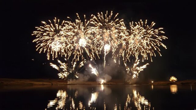 Fireworks display reflecting on dark water lake during night celebration event