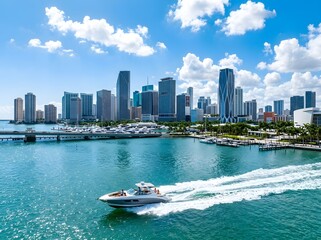 Naklejka premium Speedboat cruising on the water with miami city skyline background