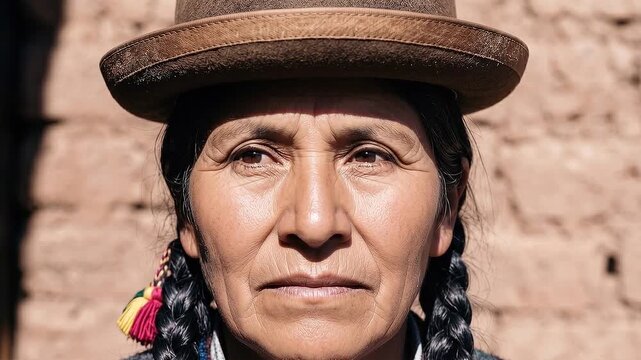 Retrato cultural mujer aymara con sombrero tradicional