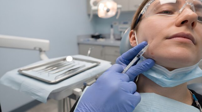 Gloved Hand Administering Therapeutic Facial Injection for TMJ Treatment in Clinical Setting