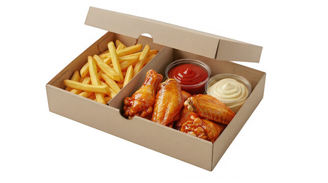 Cardboard box with fried chicken wings and french fries isolated on transparent background