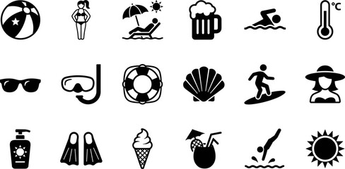 Summer and beach icon set vector illustration vacation, travel, sea activity and holiday elements © Mahfujahmmed