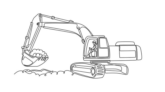 Self drawing animation single line draw young male driver operating heavy crawler excavator machine digging and lifting dirt inside bucket on construction site. Continuous line. Full length animated