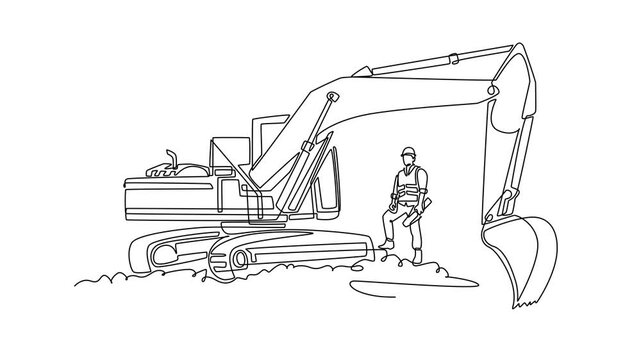 Self drawing animation of single line draw young male site worker holding blueprints and standing next to large heavy excavator machine at construction site. Continuous line draw. Full length animated