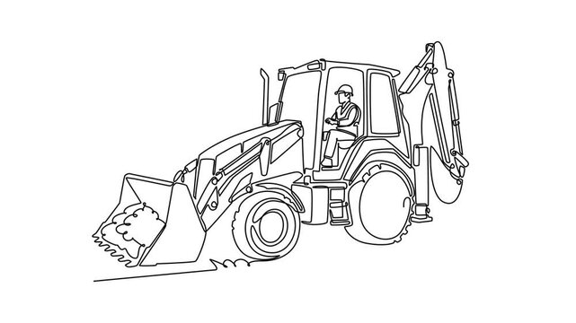 Self drawing animation of single line draw young male driver operating a heavy backhoe loader machine transporting soil in its front bucket on construction site. Continuous line. Full length animated