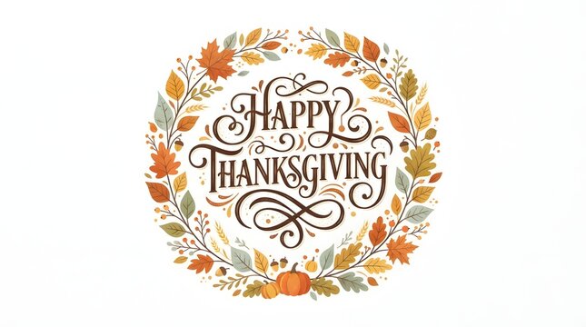 A beautiful decorative wreath made of colorful autumn leaves and pumpkins surrounding the text happy thanksgiving for a festive holiday greeting card design on white