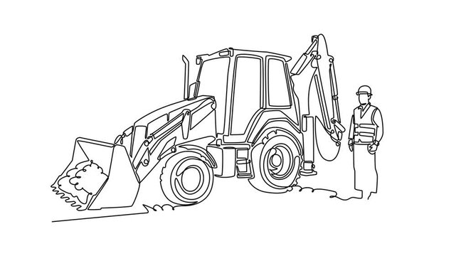 Self drawing animation of single line draw young male construction worker in safety gear standing next to a heavy backhoe loader tractor on a building site. Continuous line draw. Full length animated