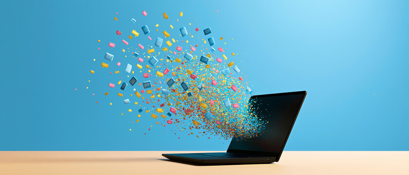 Digital Explosion from Laptop: A laptop on a wooden surface emits a vibrant explosion of colorful digital data, abstract particles, and geometric shapes against a bright blue background.