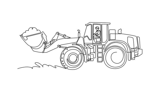 Self drawing animation of single line draw young male driver operating a heavy wheel loader vehicle, carrying dirt inside its front bucket on a construction site. Continuous line. Full length animated
