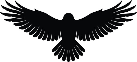 Naklejka premium Black raven silhouette with outstretched wings against white background, black silhouette bird