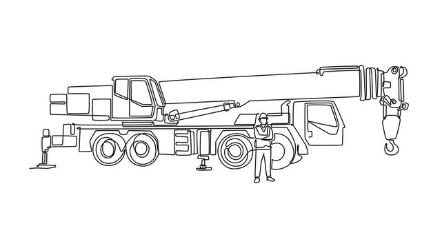 Self drawing animation of single line draw young male engineer wearing a hardhat and safety vest standing with arms folded in front of a giant mobile crane truck. Continuous line. Full length animated