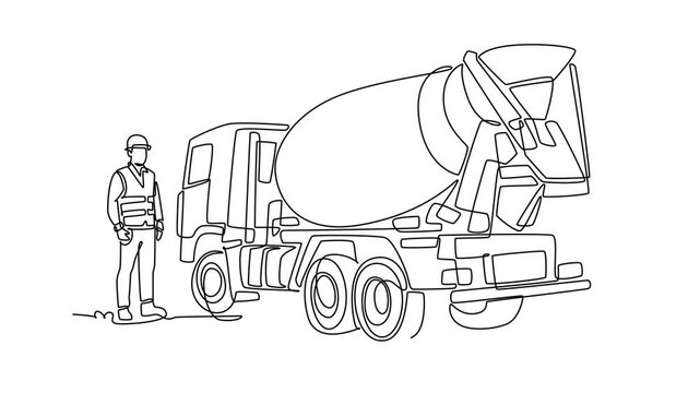 Animated self drawing of continuous line draw young man worker wearing a safety vest standing beside a large cement mixer truck on a building site, civil engineering. Full length single line animation
