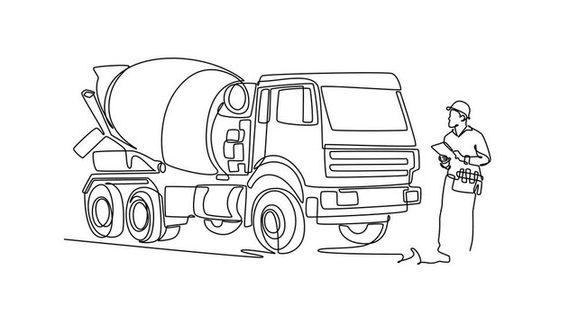 Animated self drawing of continuous line draw professional male engineer holding a clipboard while inspecting heavy concrete cement mixer truck at construction site. Full length single line animation