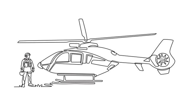 Animated self drawing of continuous line draw side view skilled young male pilot holding his helmet and standing next to large medical rescue helicopter on airfield. Full length single line animation