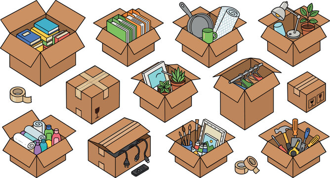 Isometric Cardboard Moving Box Vector Icon Set Featuring Packed Household Items, Books, Kitchenware, Clothes, Tools, Art Supplies, and Relocation Packing Materials