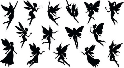 Obraz premium Beautiful Fairy Silhouette Vector Icon Set Featuring Flying Mythical Pixies, Butterfly Wings, Magic Wands, and Fairytale Dust for Fantasy Designs