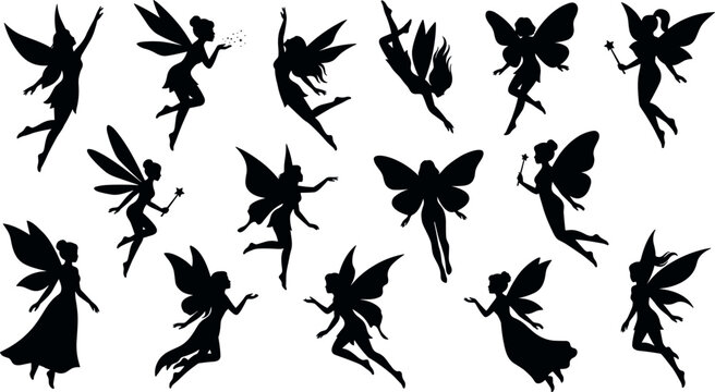Beautiful Fairy Silhouette Vector Icon Set Featuring Flying Mythical Pixies, Butterfly Wings, Magic Wands, and Fairytale Dust for Fantasy Designs