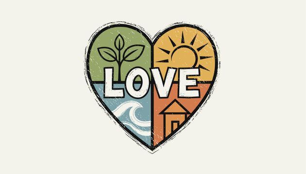 Vintage distress heart emblem divided into quadrants representing nature, sun, water, and home with the bold word love.