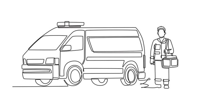 Animated self drawing of continuous line draw dedicated young man paramedic holding a medical bag next to emergency ambulance van, depicting healthcare rescue service. Full length one line animation