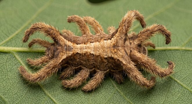 Top down view of a hairy limacodidae larva resting on green foliage