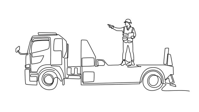 Animated self drawing of continuous line draw male site inspector in safety gear standing on top of a flatbed tow truck and pointing forward while holding a clipboard. Full length one line animation