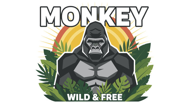Powerful gorilla mascot illustration surrounded by tropical palm leaves under a retro sun with the text wild and free.