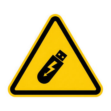 Yellow warning triangle sign with a black flash icon representing a usb flash drive or data transfer risk isolated on transparent background , PNG
