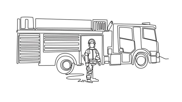 Animated self drawing of continuous line draw male firefighter in full uniform holding an axe while standing proudly in front of fire engine truck on emergency duty. Full length single line animation